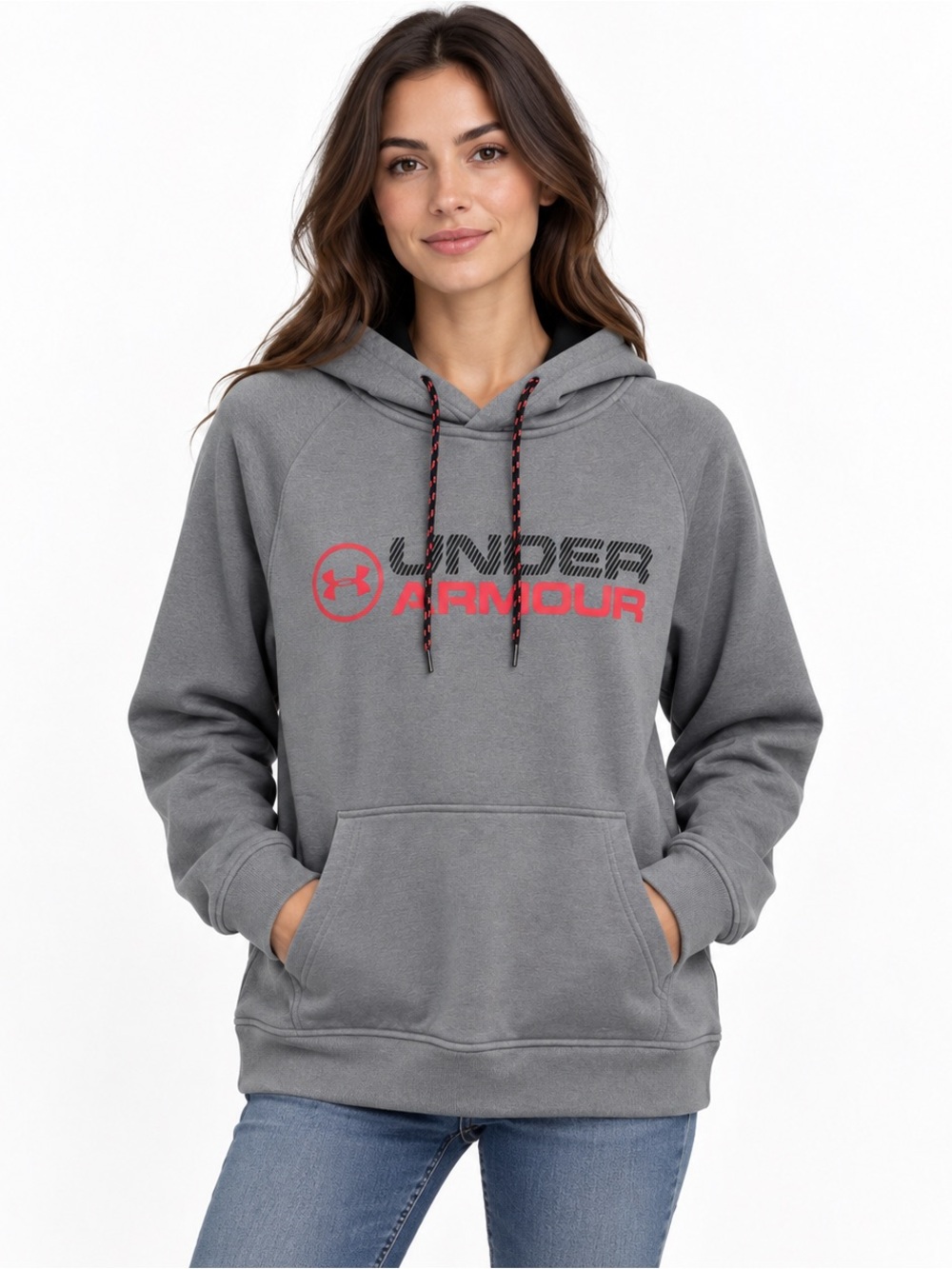 Under Armour ColdGear Hoodie XS Gray Coral Logo Fleece Pullover Loose Fit